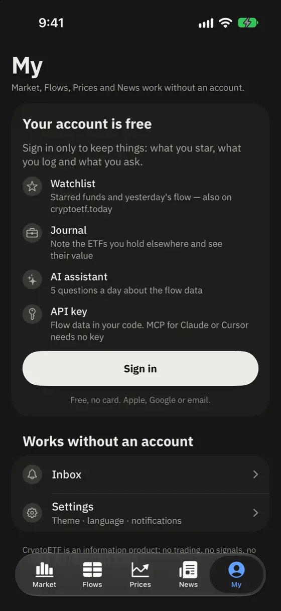 cryptoetf.today iPhone app screenshot: My — free account: watchlist, journal, AI and API key