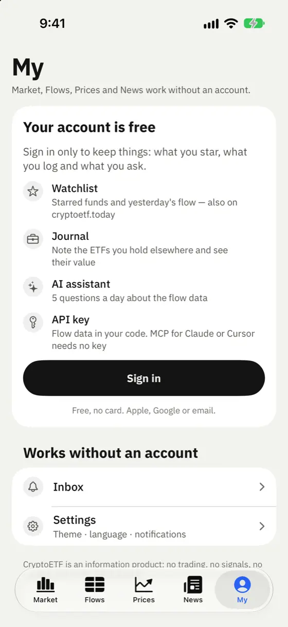 cryptoetf.today iPhone app screenshot: My — free account: watchlist, journal, AI and API key